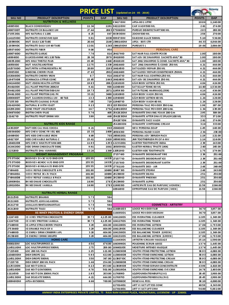 Amway Price List 24.05.19 PDF Cosmetics Toiletry