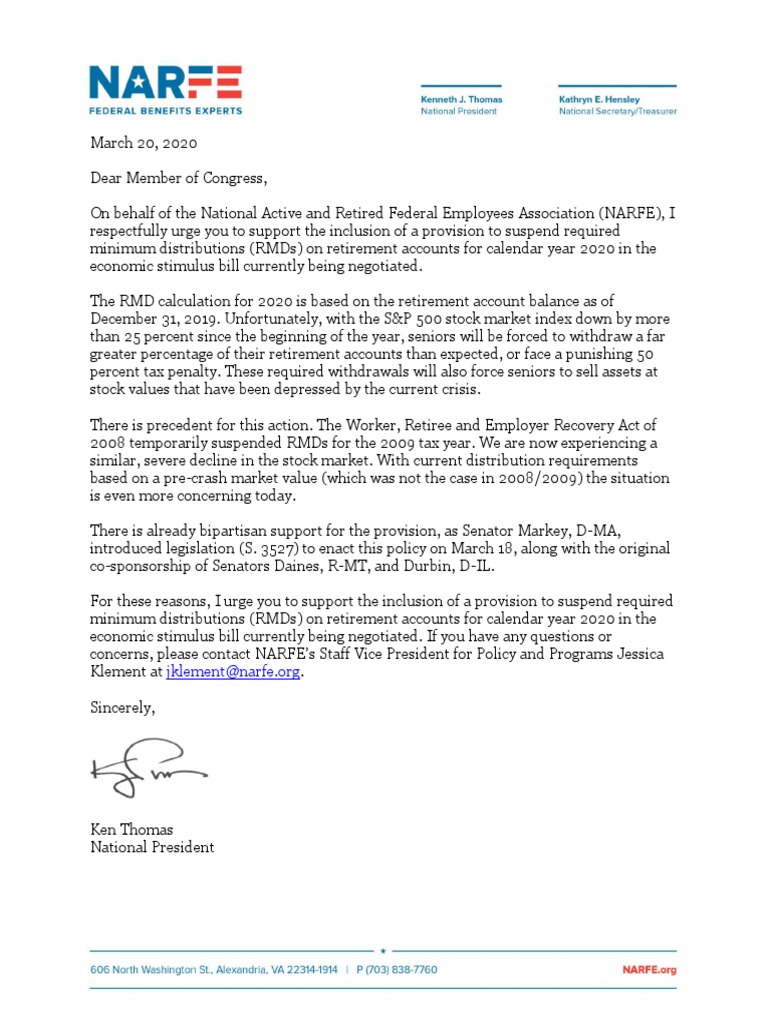 NARFE Letter RMD Coronavirus Suspension PDF