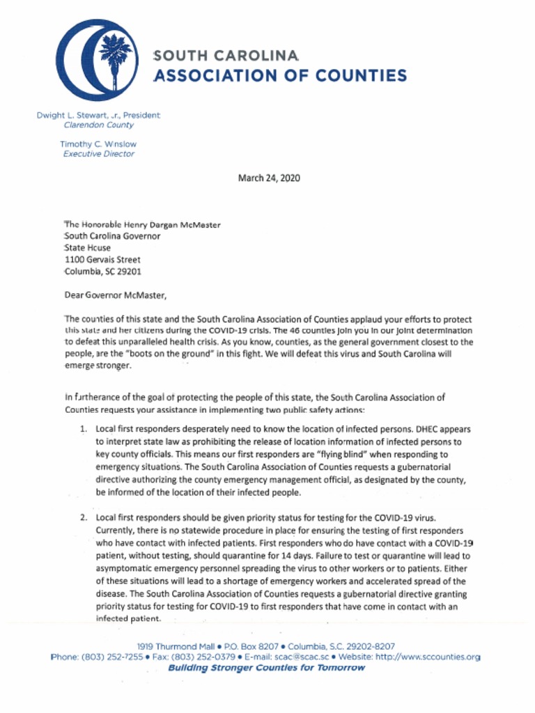 Letter to Governor Mcmaster