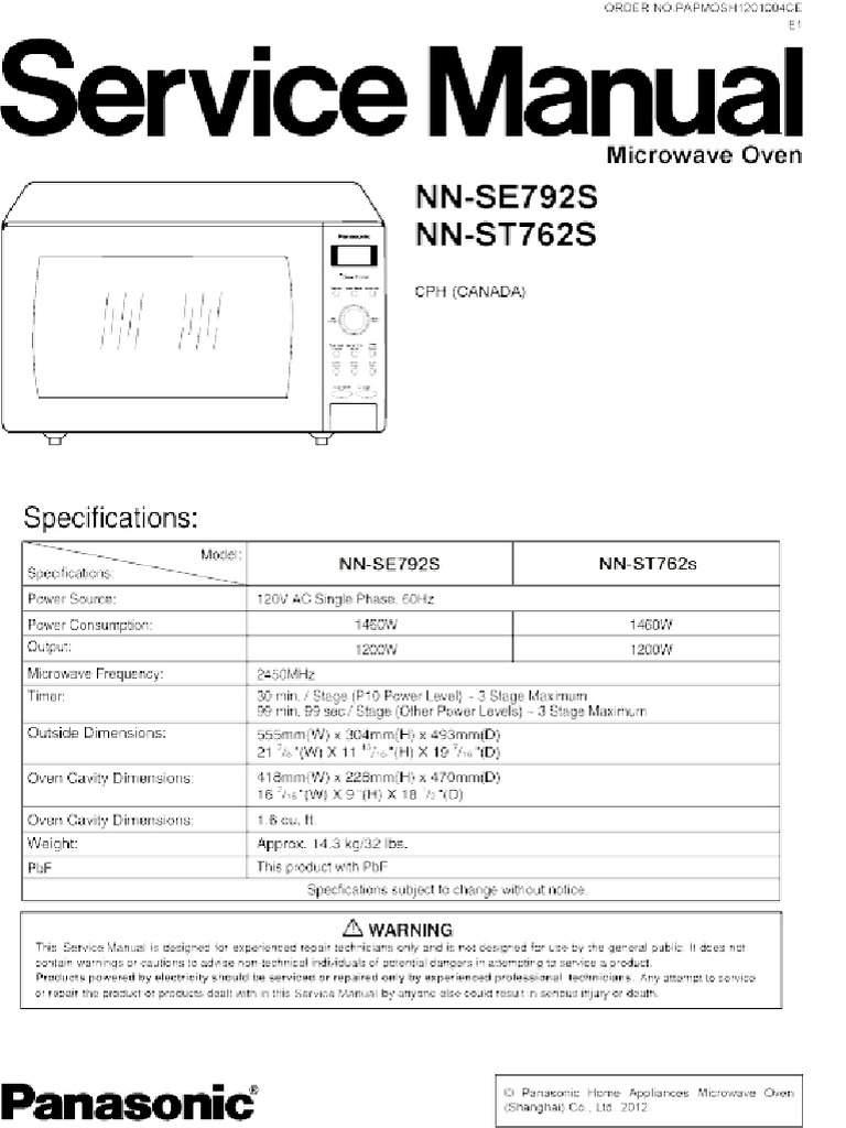 Panasonic Microwave Manual NNSE792ST762 Power Supply Power Inverter