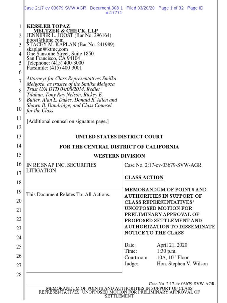 Snap Securities Proposed Settlement | PDF | Settlement (Litigation) |  Discovery (Law)