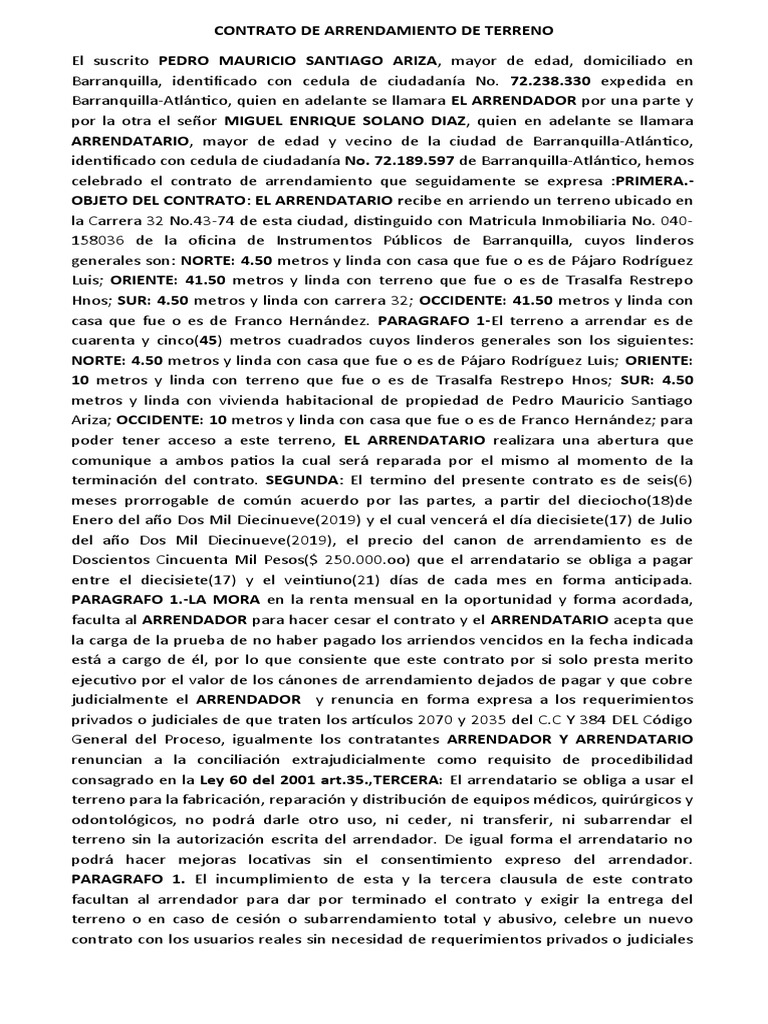Contrato de Arrendamiento de Terreno | Descargar gratis PDF | Gobierno