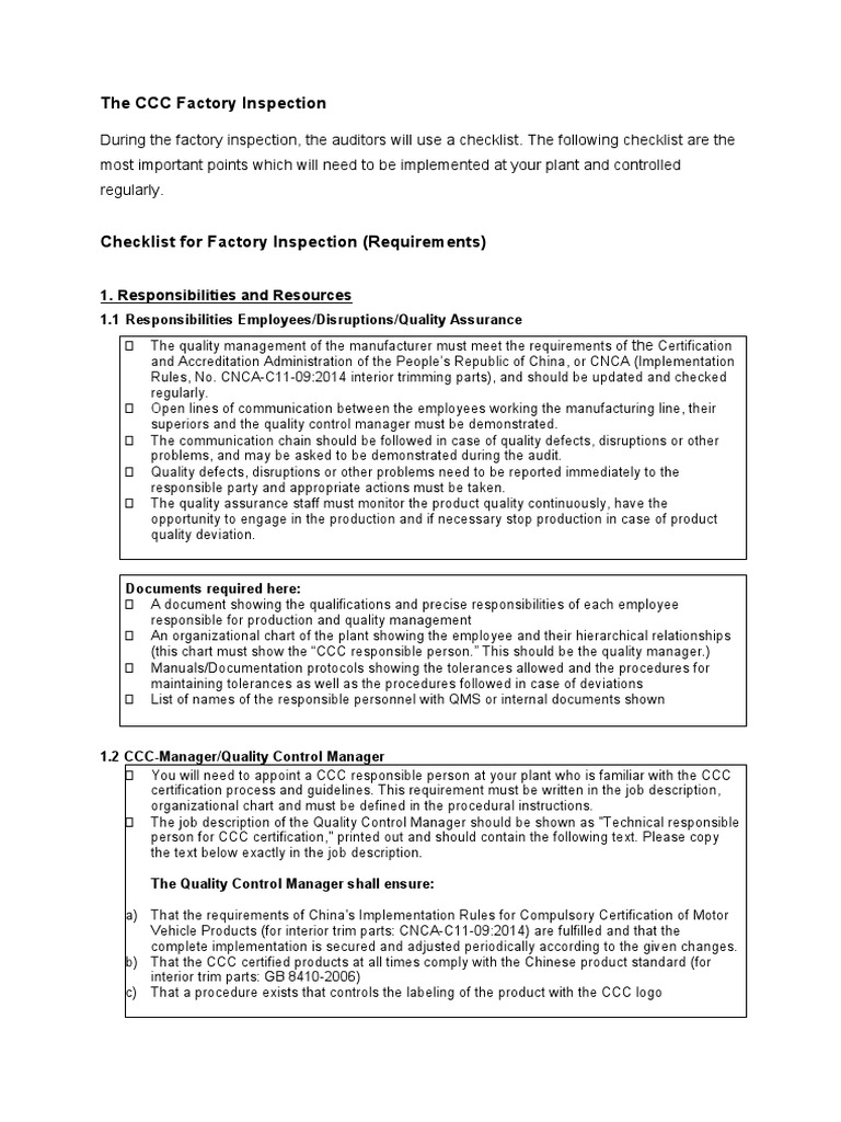 CCC Factory Inspection Checklist | PDF | Verification And Validation ...
