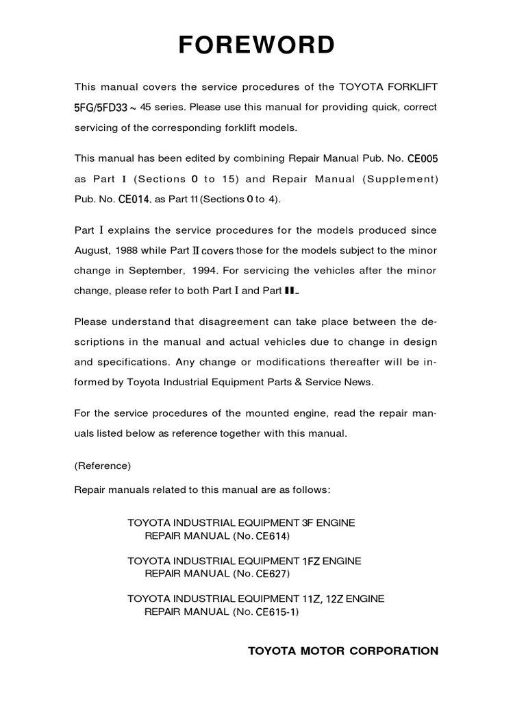 Sm Toyota 5fg33 45 5fd33 45 5fge35 5fde35 Forklift Service Repair Manual Pdf Axle Screw