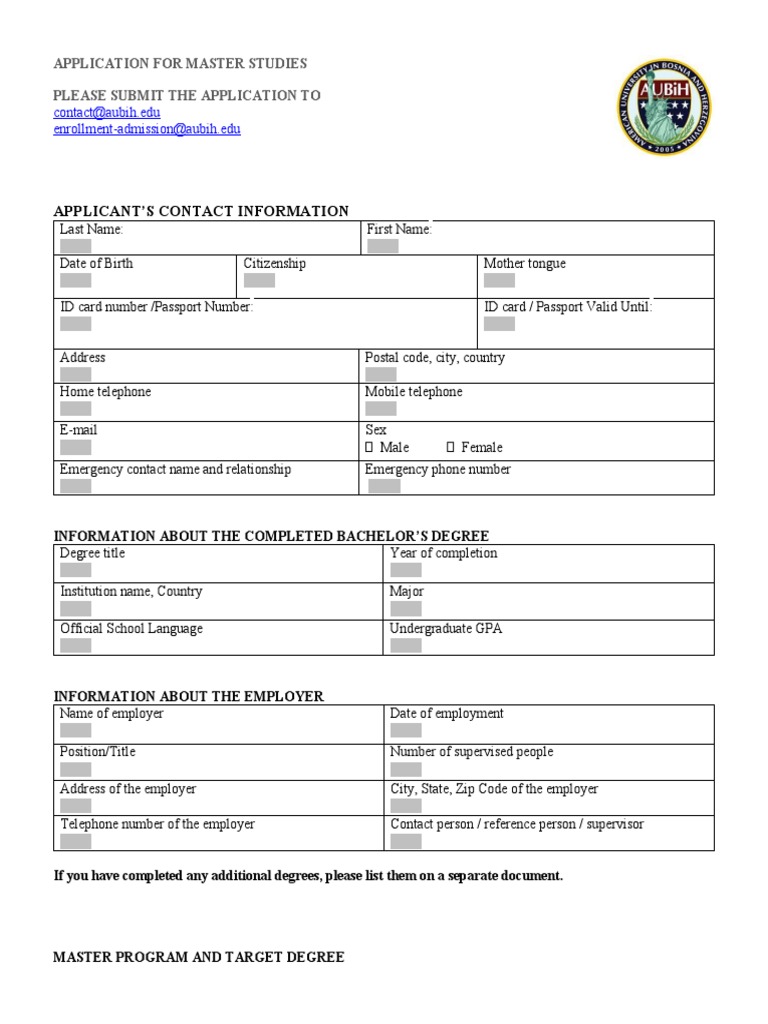 Master Studies Application Form | PDF | Academic Degree | Undergraduate ...