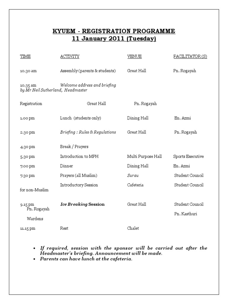 KYUEM Registration & Induction Schedule | PDF | Food And Drink | Eating ...