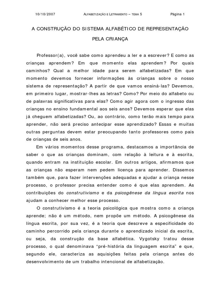 Construção do Sistema Alfabético Infantil | PDF | Alfabetização | Escrita