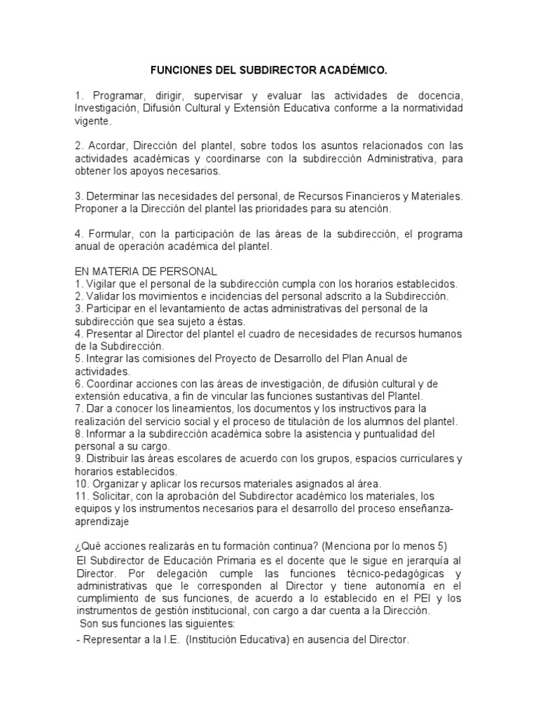 Funciones Del Subdirector | PDF | Gestión de recursos humanos | Maestros