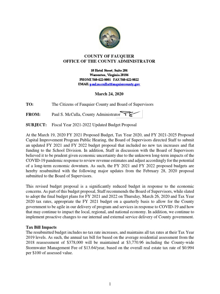 Revised Fauquier County 2021 Proposed Budget Summary PDF Recession