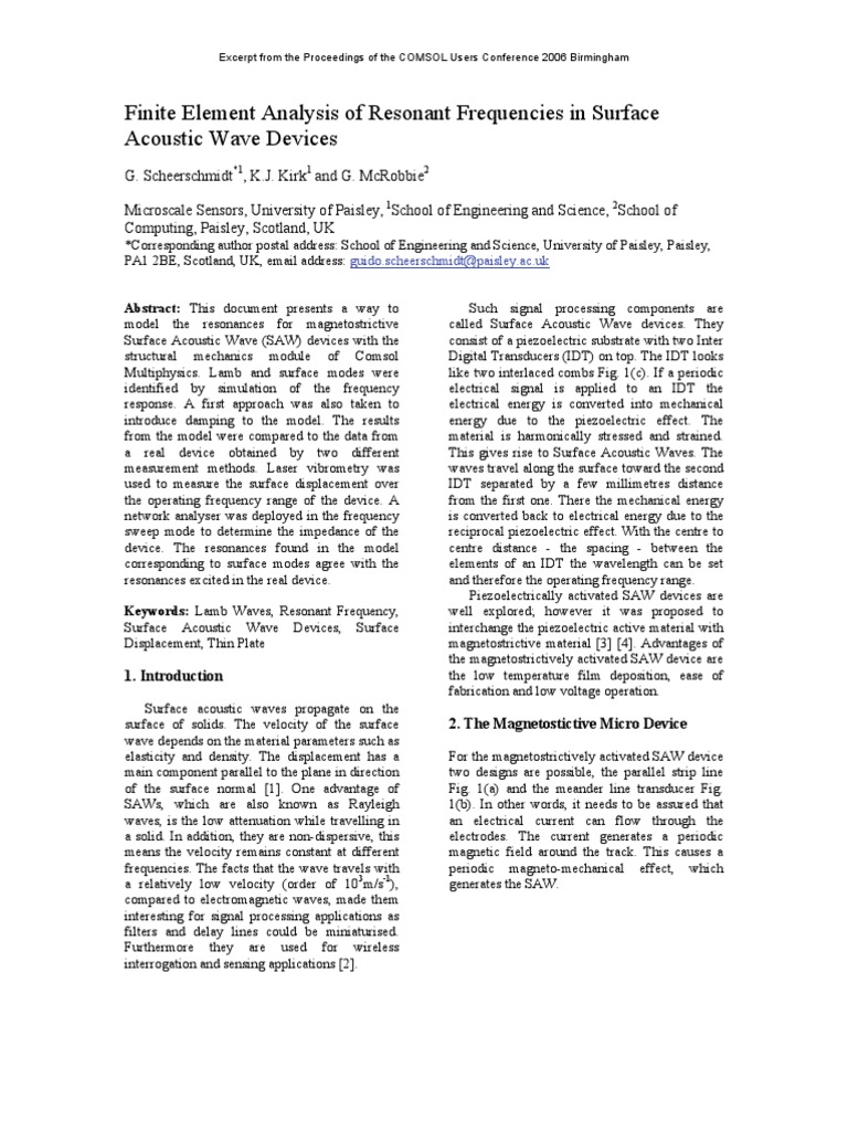 Finite Element Analysis of Resonant Frequencies in Surface Acoustic ...