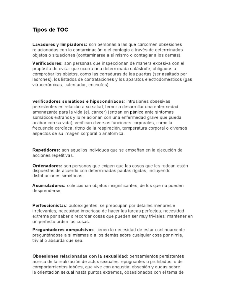 Tipos De Toc Desorden Obsesivo Compulsivo Psicologia Clinica