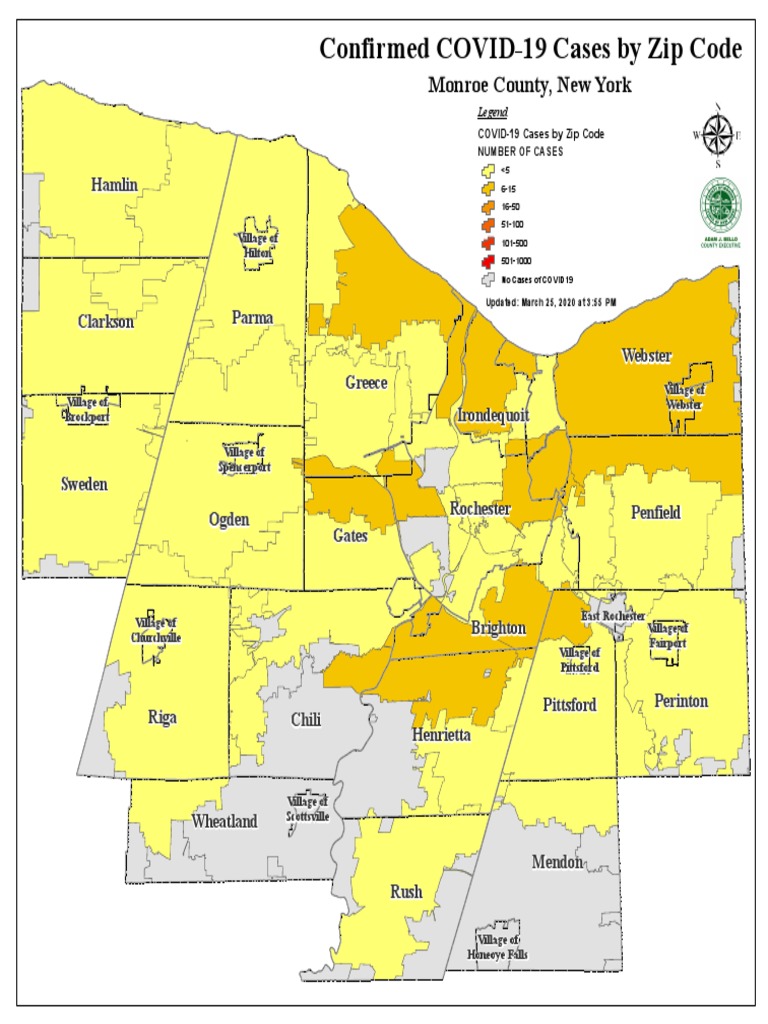 COVID19 Case Ranges by Zip Code in Monroe County Postal System