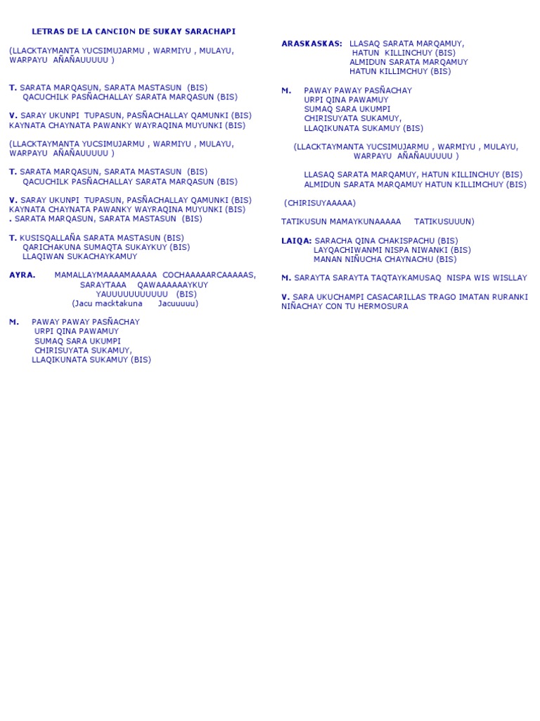 Letras de La Cancion de Sukay Sarachapiiiii | PDF