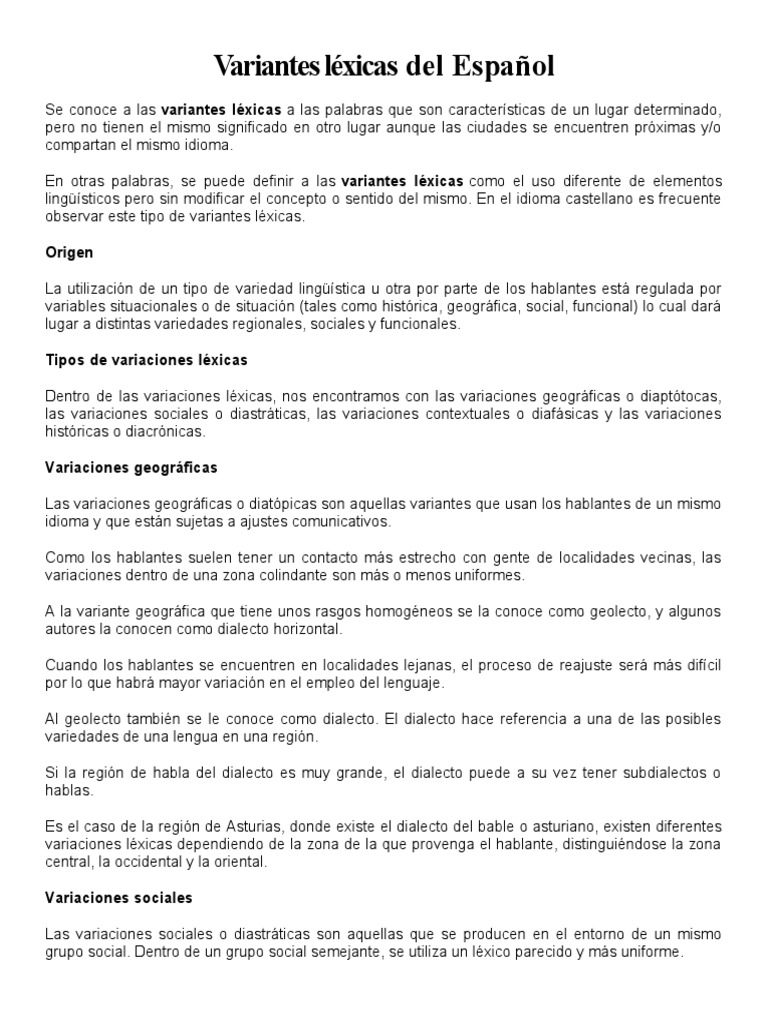 Variantes léxicas del español: ejemplos y tipos | PDF | Dialecto ...