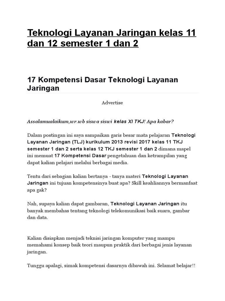 Teknologi Layanan Jaringan Kelas 12 X Dan 1 Semester 1 Dan 2 Docx