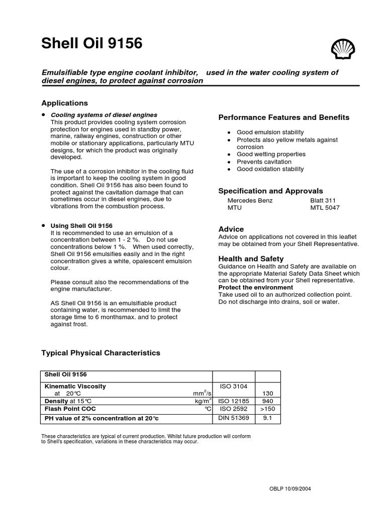 Shell Oil 9156: Diesel Coolant Inhibitor | PDF | Coolant | Corrosion