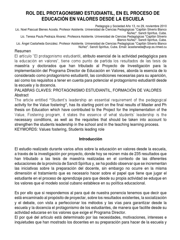 Protagonismo Estudiantil en Educación en Valores | PDF | Salón de ...