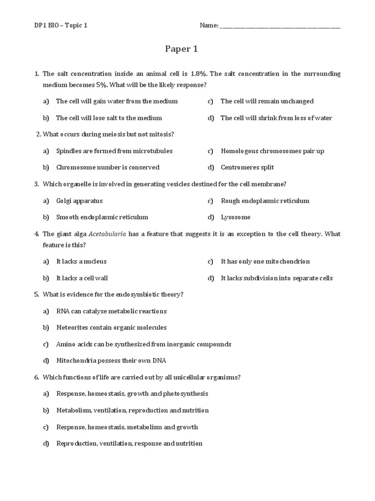 DP1 BIO Test Topic 1 Paper 1 PDF PDF Cell Growth Cell (Biology)