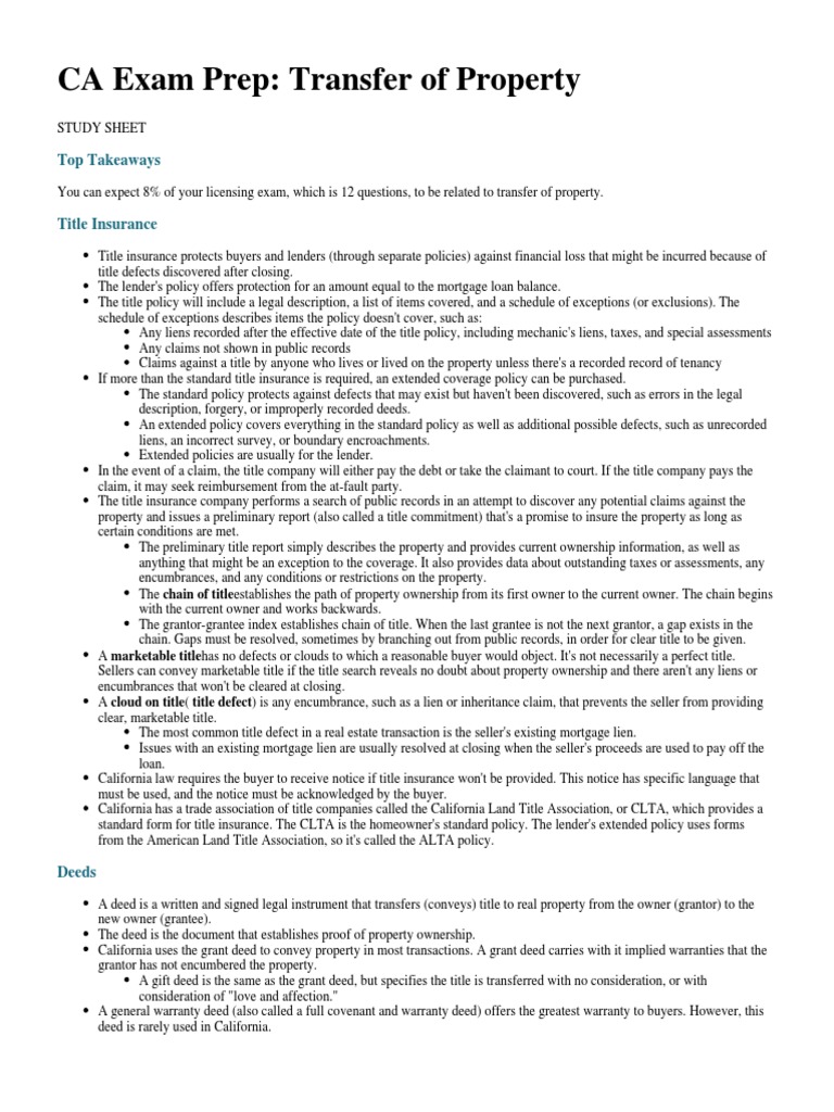 CA Real Estate Exam Prep Transfer of Property PDF Concurrent Estate Title Insurance