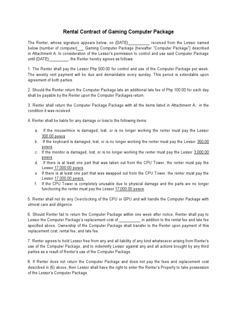 Rental Contract For Gaming Computer PDF Lease Renting