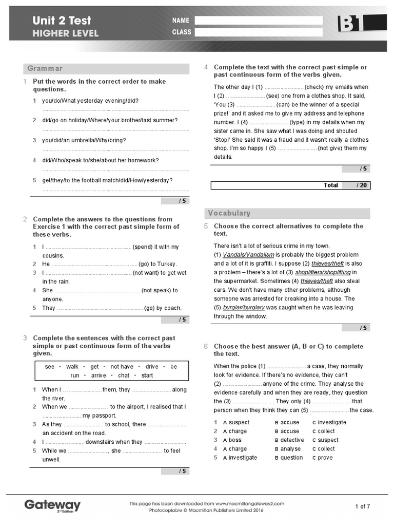 B1 UNIT 2 Test Higher | PDF | Burglary | Crime & Violence