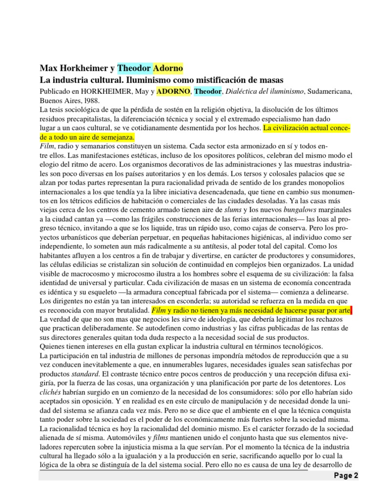La Industria Cultural Iluminismo Como Mistificacion de Masas Adorno + Horkheimer PDF