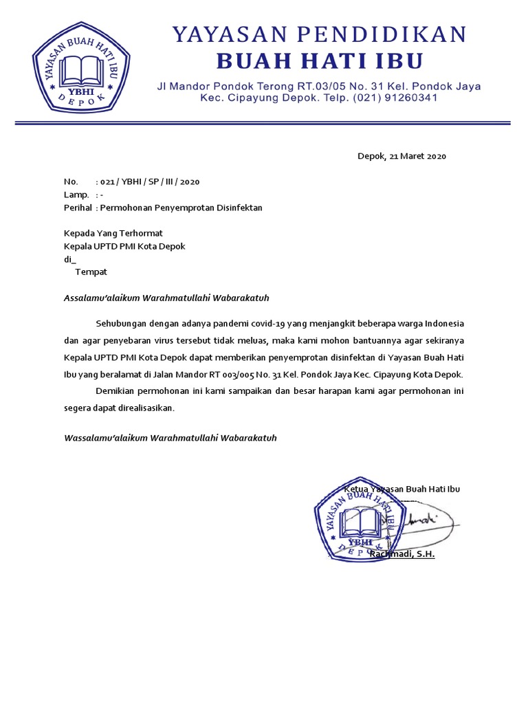 Contoh Surat Permohonan Disinfektan