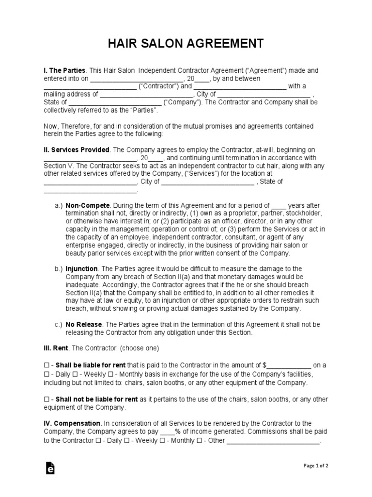 Hair Salon Barbershop Independent Contractor Agreement Breach Of Contract Damages
