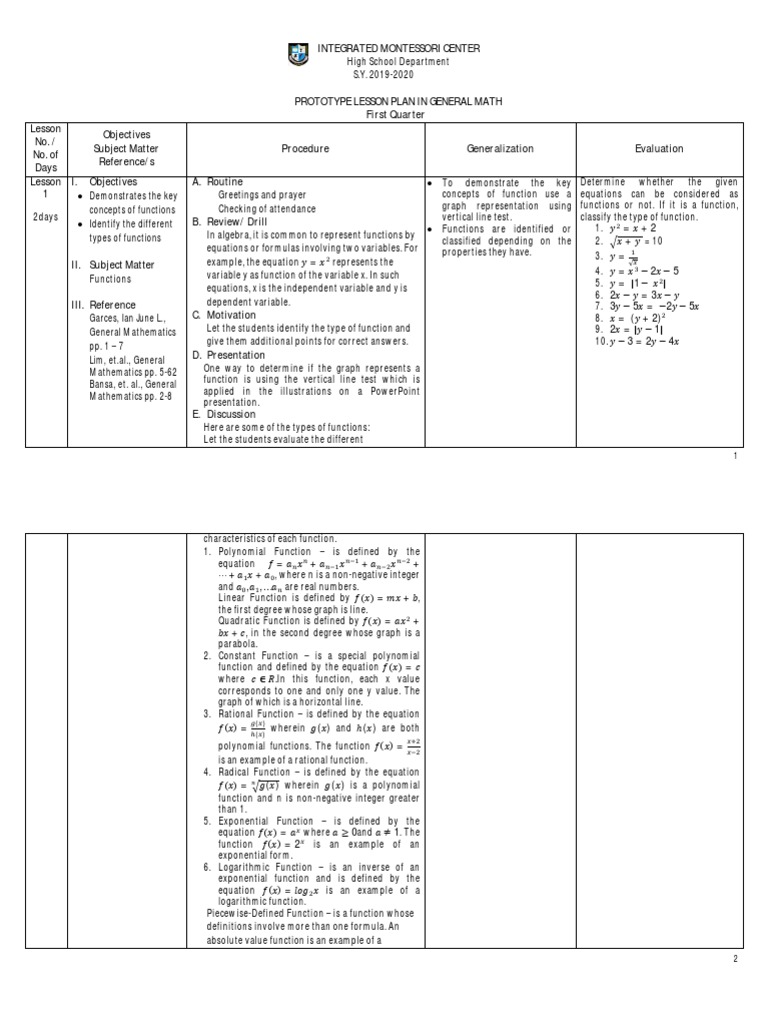 General Math Lesson Plan Overview | PDF | Function (Mathematics ...