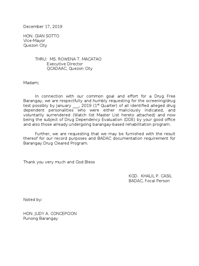 Request for Drug Testing in Barangay | PDF