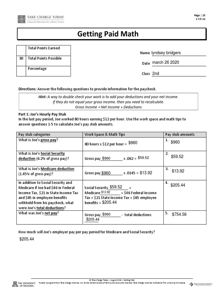Getting Paid Math 2.3.9.A1 | PDF | Payroll | Paycheck