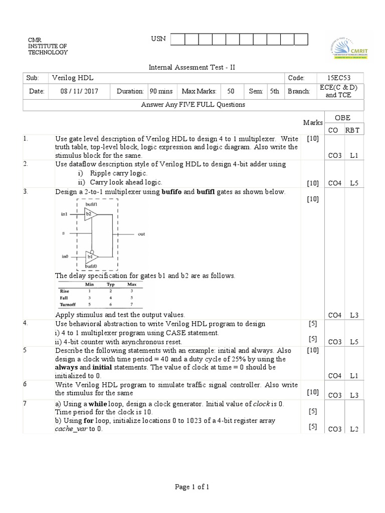 Iat Ii Question Paper With Solution Of 15ec53 Verilog Hdl Nov 2017 Sunil Kumar K H Pdf Hardware Description Language Electronic Design