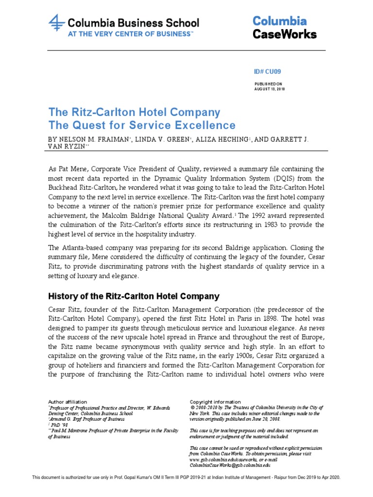 Om2 Case Ritz Carlton Pdf Hotel Employment