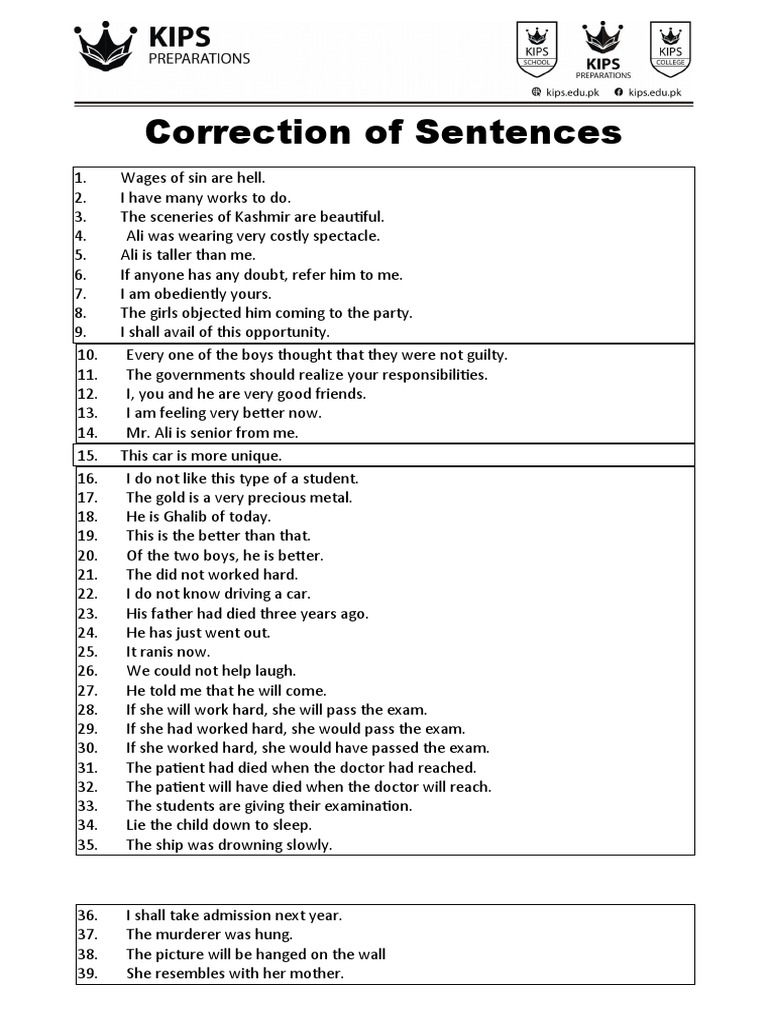Correction of Sentences PDF