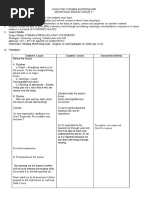 Lesson Plan in Reading and Writing Skills