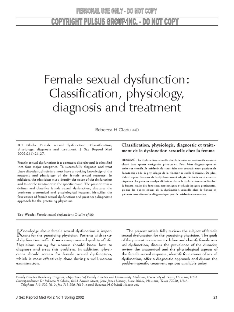 Female Sexual Dysfunction Classification Physiology Diagnosis and ...
