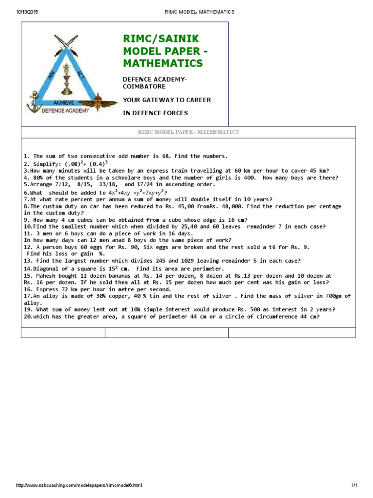 RIMC Model Mathematics Paper 2015 | PDF | Area | Elementary Mathematics