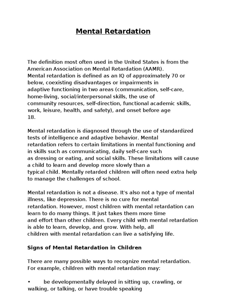 Signs of Mental Retardation in Children PDF Intellectual Disability