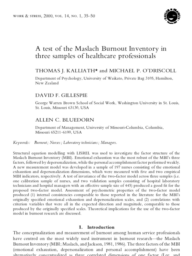Maslach burnout inventory (mbi questionnaire printable