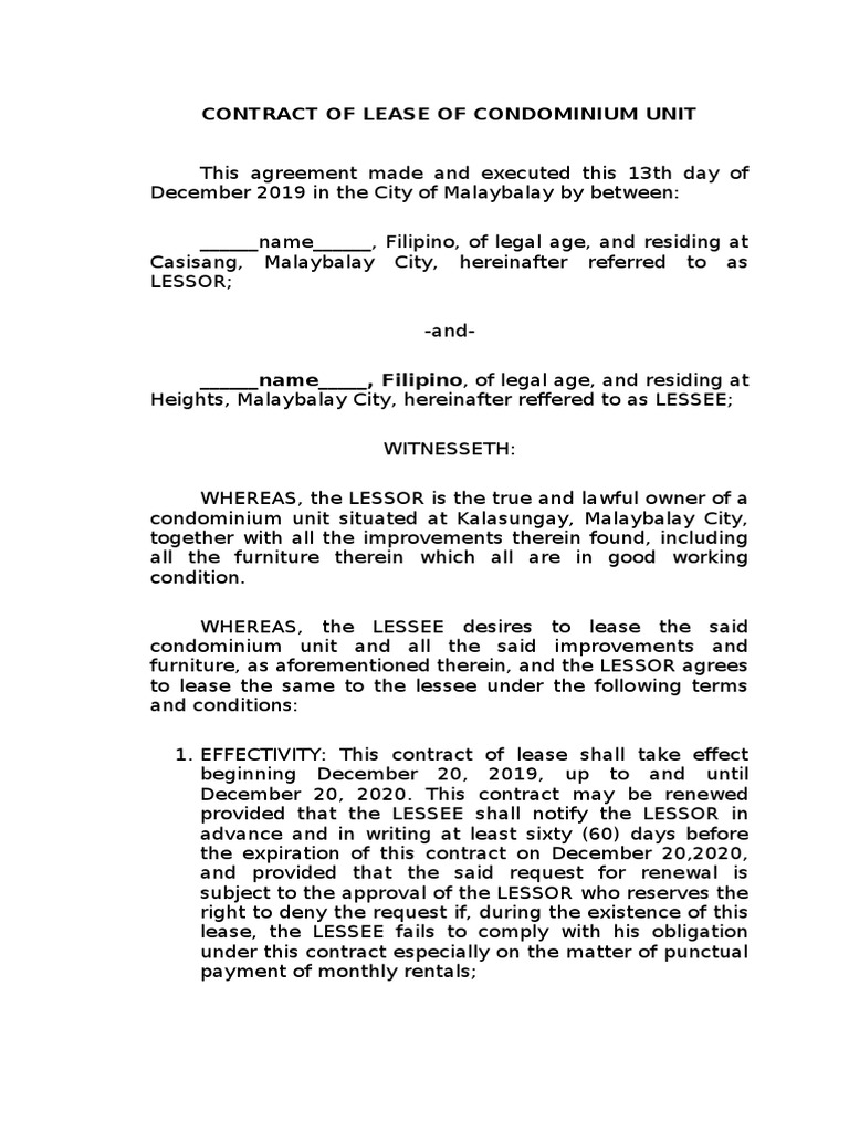 Contract of Lease of Condominium Unit | PDF | Lease | Virtue