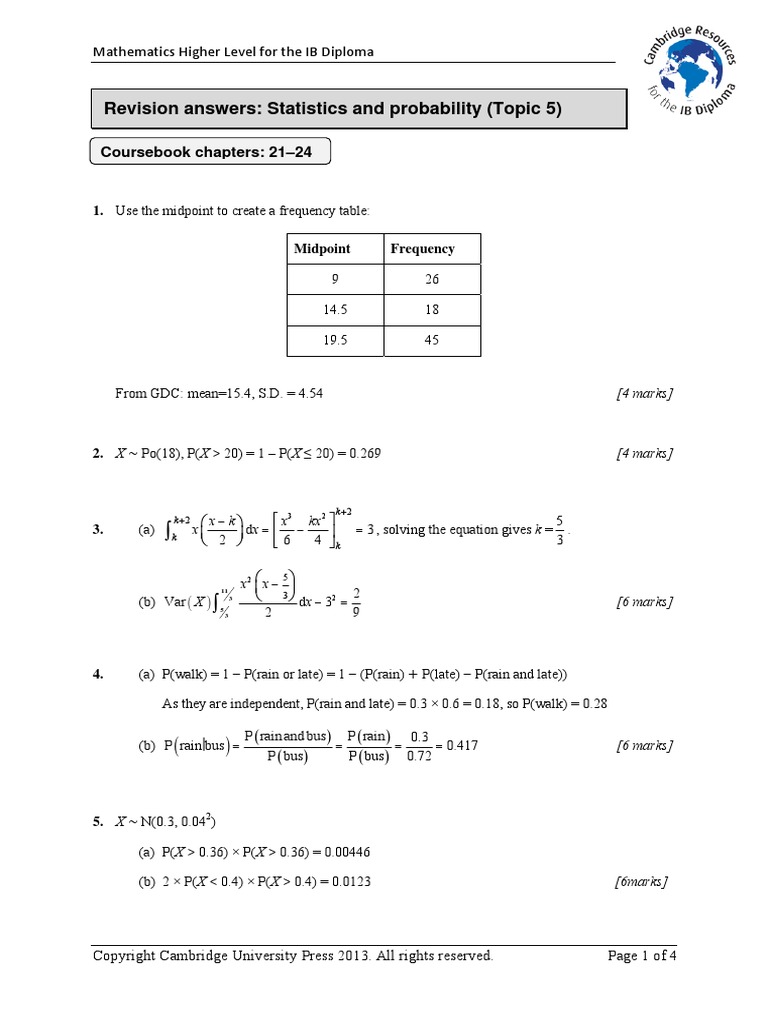 Statistics and Probability (Topic 5) Revision Answers | PDF | Analysis ...