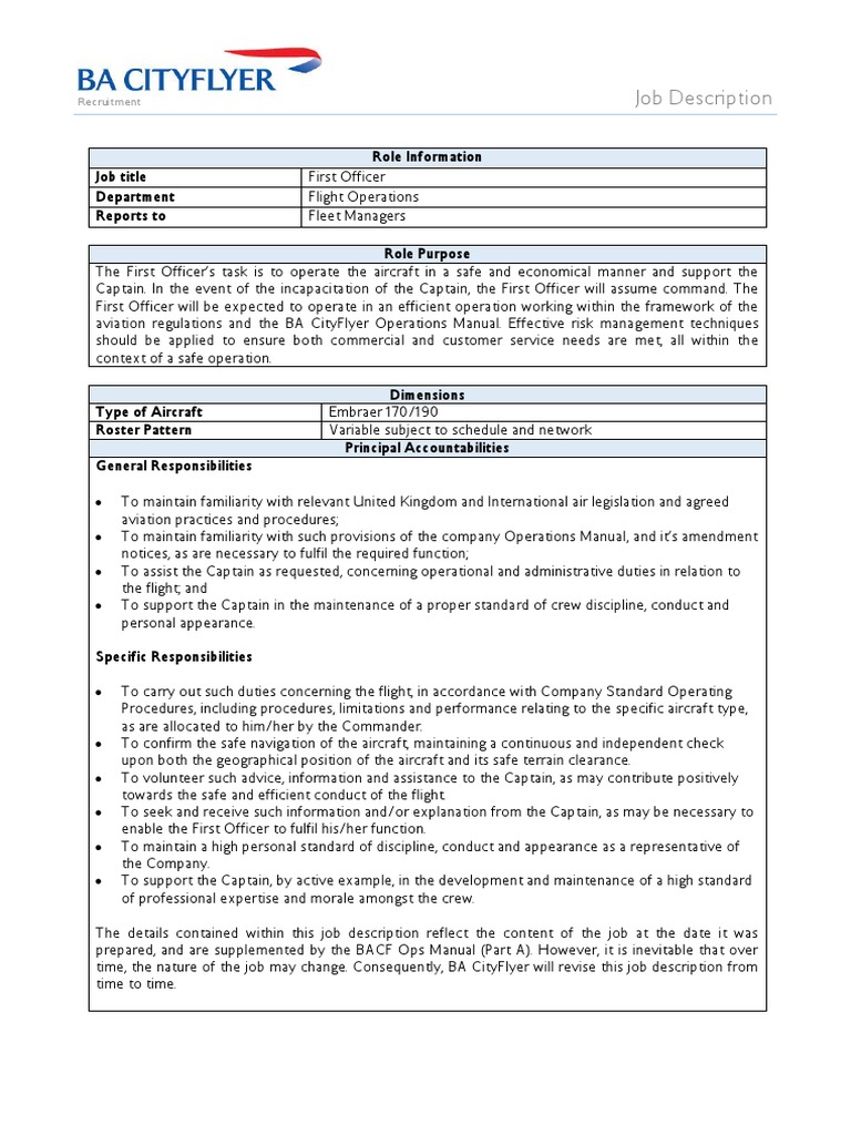 BA CityFlyer First Officer Job Description V 1.0 PDF Aircraft Flight