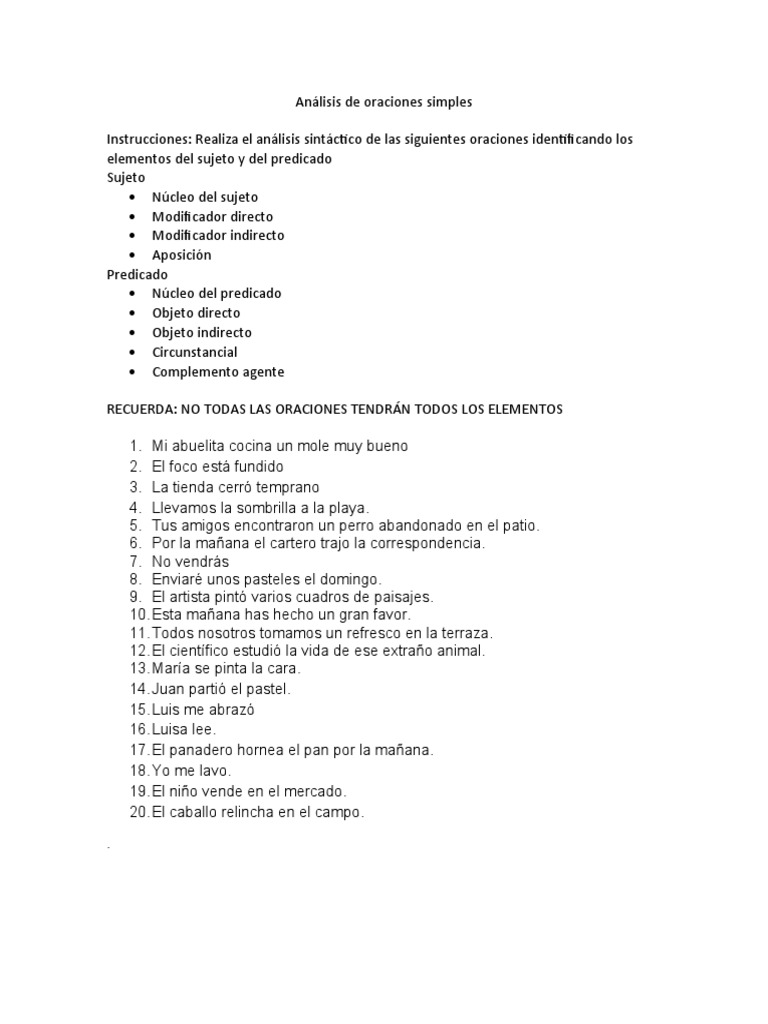 Ejercicios de Análisis de Oraciones Simples | PDF