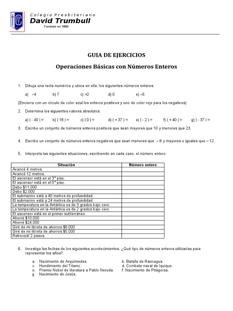 Operaciones Basicas Con Numeros Enteros | PDF | Entero | Enseñanza de ...
