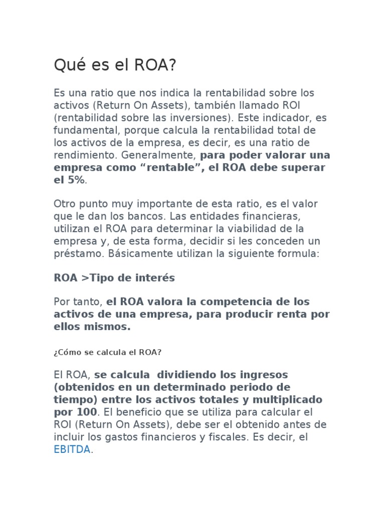 Definición y cálculo del ROA | PDF | Rentabilidad sobre recursos ...