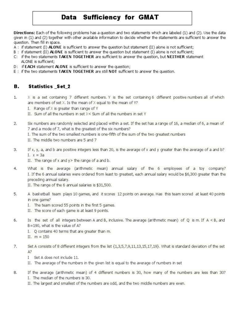 GMAT Data Sufficiency Practice | PDF | Mean | Median