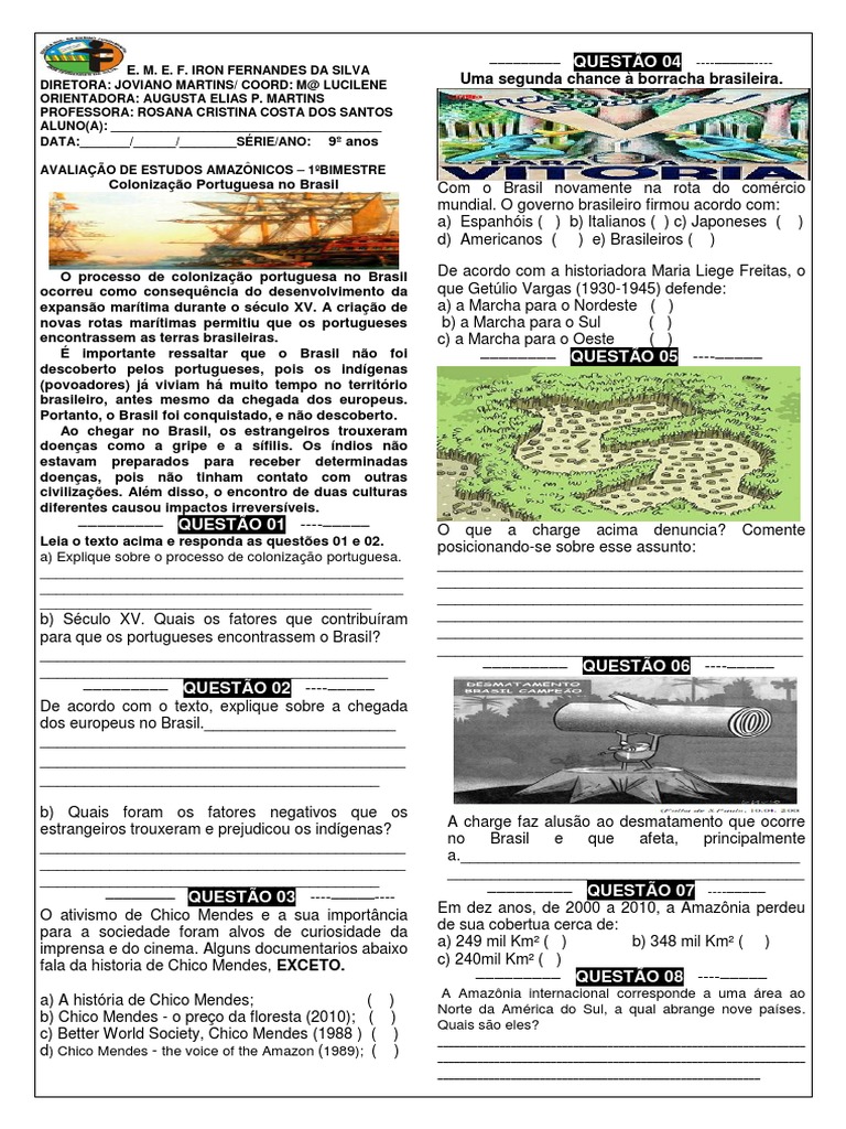 PROVA DE ESTUDOS AMAZONICOS 9 ANO | Brasileiros | Brasil