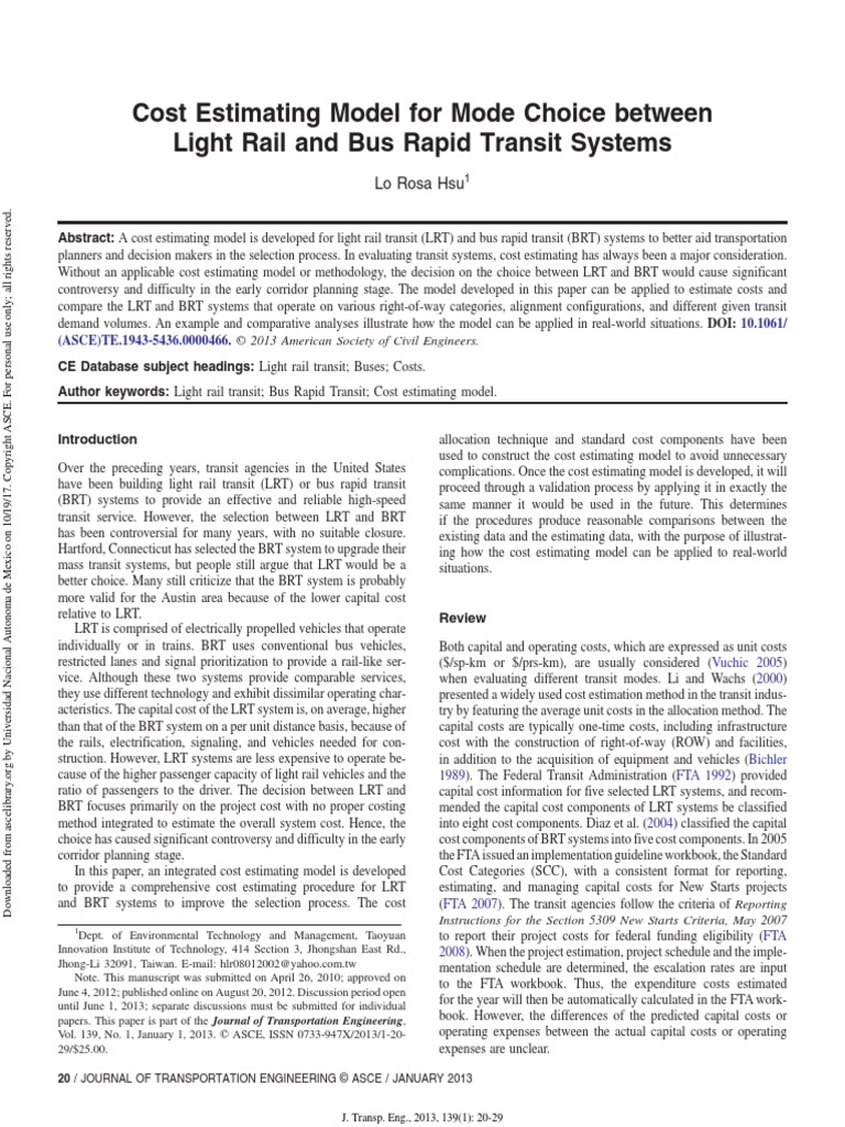 Cost Estimating Model For Mode Choice Between LRT and BRT | PDF | Light ...