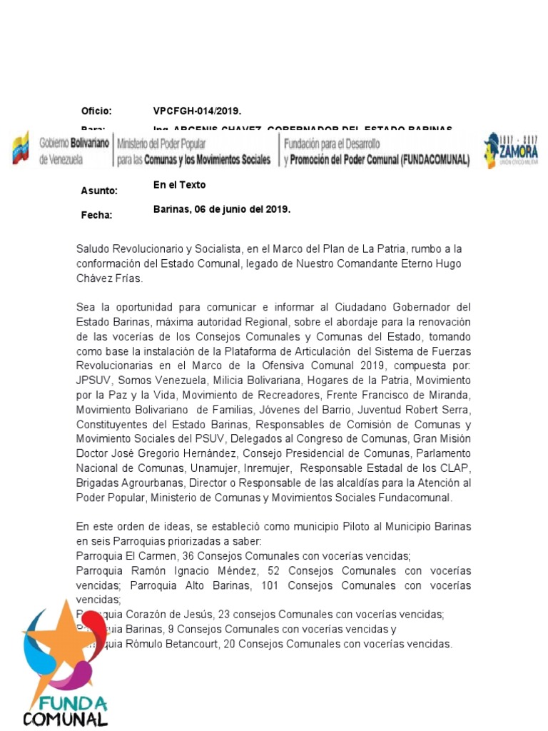 Oficio Gobernacion Despliegue Comunal 2019 Hugo Chavez Politica De Venezuela