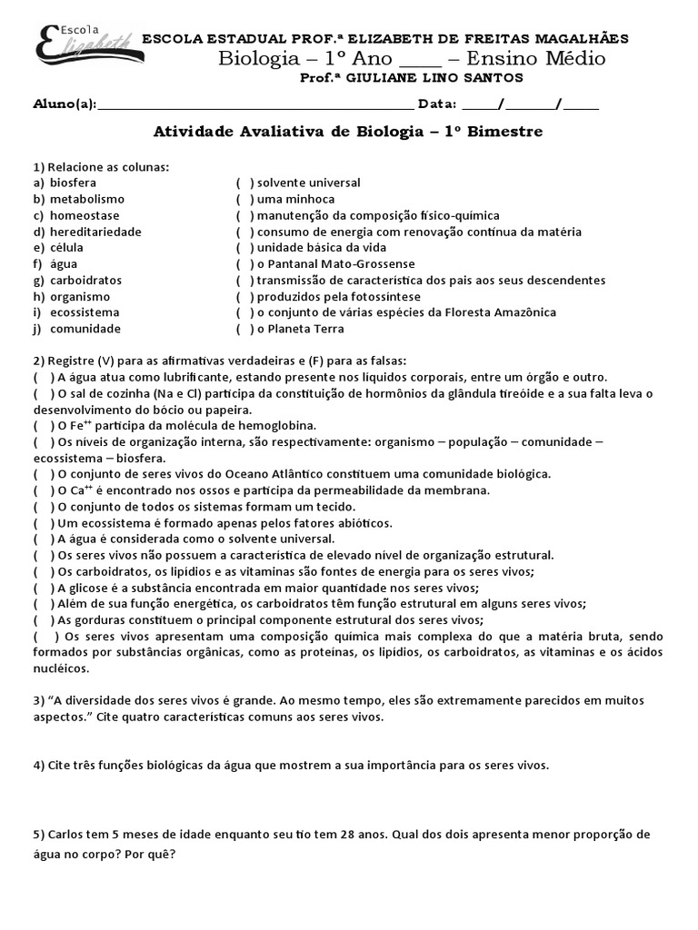 Atividade de Biologia 1º Ano Ensino Médio | PDF | Organismos | DNA
